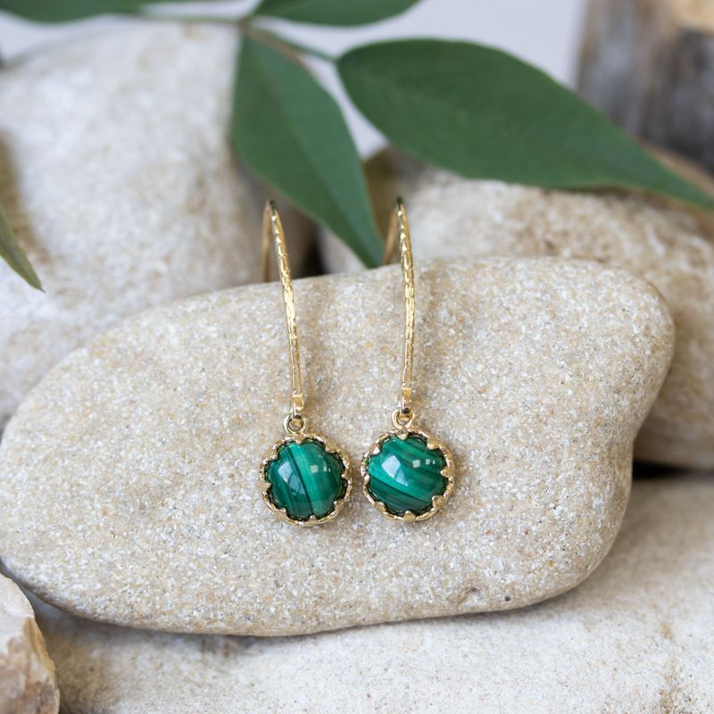 Yellow Gold Plated Drop Earrings Inlaid with Green Malachite