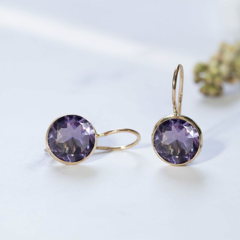 14K Gold Amethyst Drop Earrings - 8mm Feb Birthstone Gift