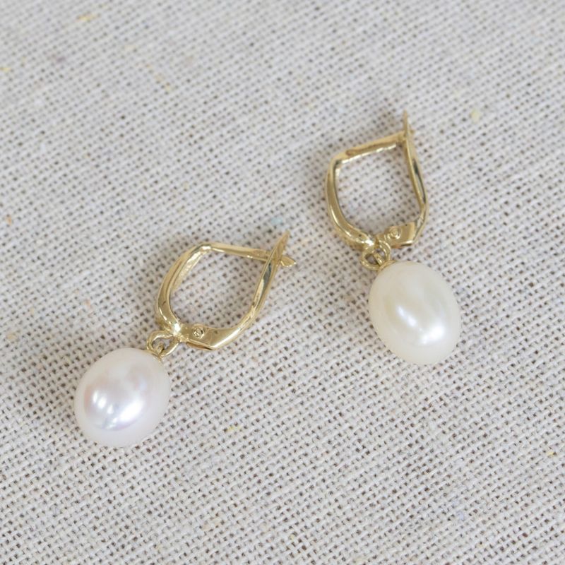 14K Yellow Gold White Pearl Oval Drop Earrings
