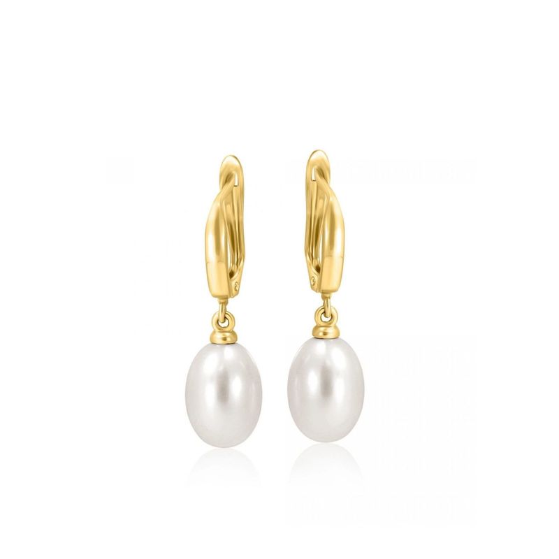 14K Yellow Gold White Pearl Oval Drop Earrings