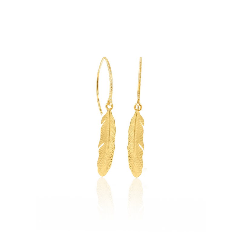 Yellow Gold Plated Drop Earrings long feather shape