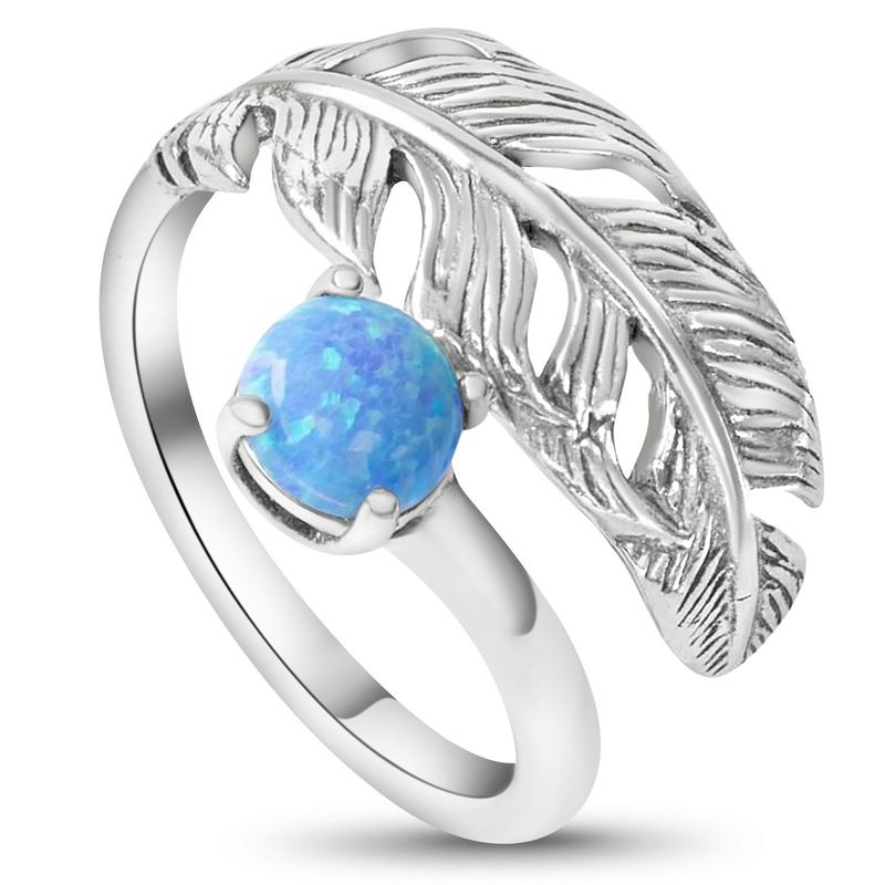 925 Sterling Silver Feather Adjustable Ring with Blue Opal gemstone