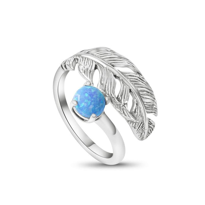 925 Sterling Silver Feather Adjustable Ring with Blue Opal gemstone