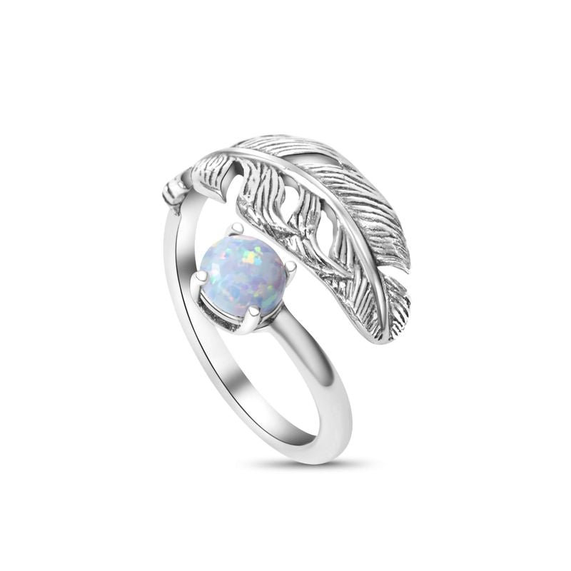 925 Sterling Silver Feather Adjustable Ring with White Opal  gemstone
