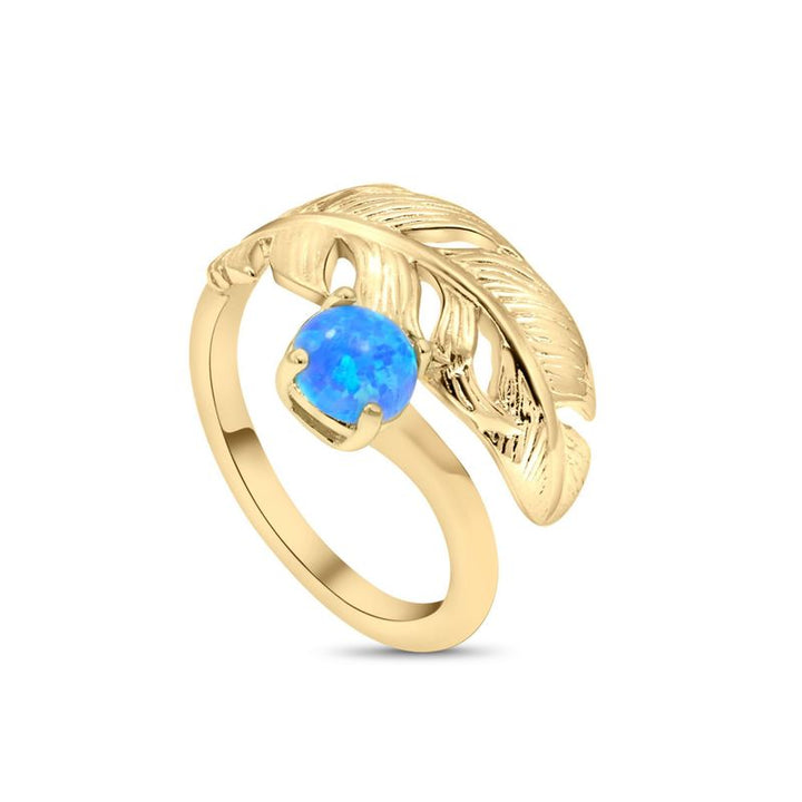 Yellow Gold Plated Feather Adjustable Ring with Blue Opal gemstone