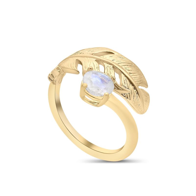 Yellow Gold Plated Feather Adjustable Ring with White Opal gemstone
