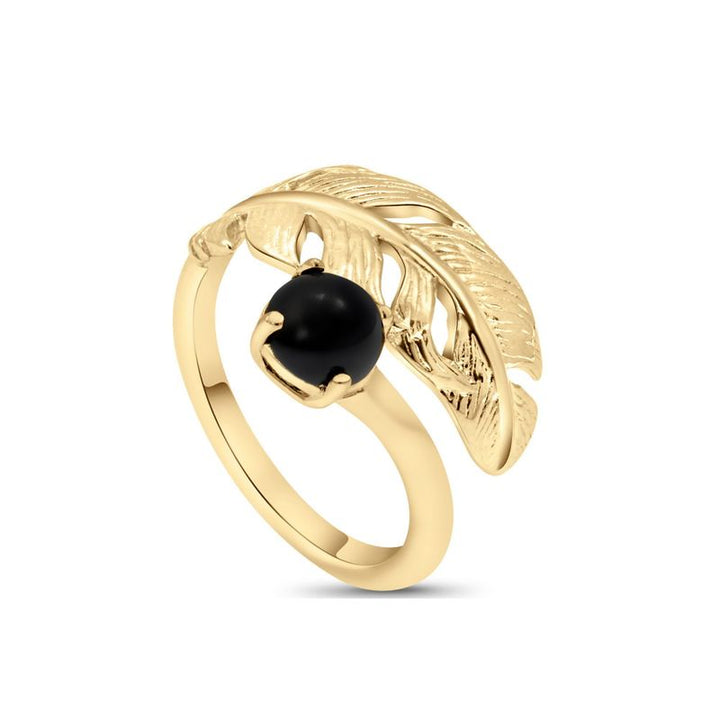 Yellow Gold Plated Feather Adjustable Ring with Onyx gemstone