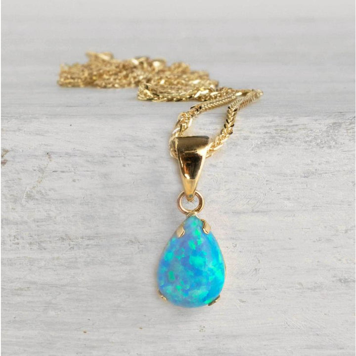 14K Gold Blue Opal Pendant - Libra Birthstone, Elegant Gift for Women