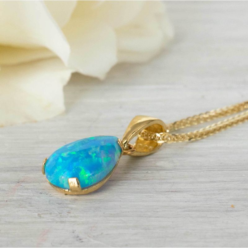 14K Gold Blue Opal Pendant - Libra Birthstone, Elegant Gift for Women