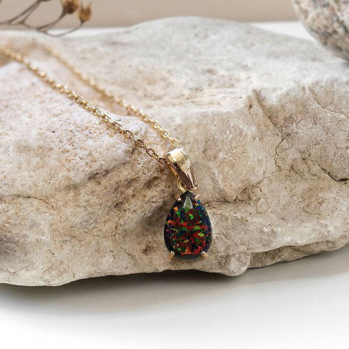 Yellow Gold Plated Teardrop Black Opal 7X10mm Pendant