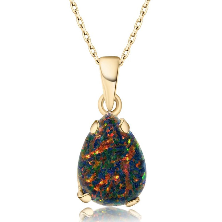 Yellow Gold Plated Teardrop Black Opal 7X10mm Pendant