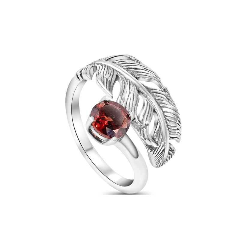 925 Sterling Silver Feather Adjustable Ring with Red Garnet gemstone