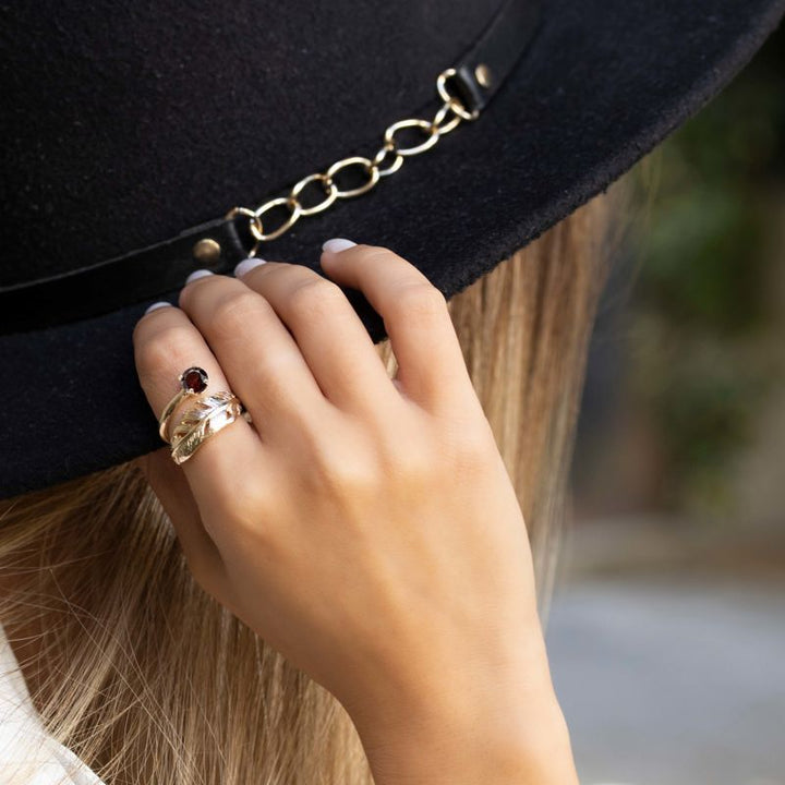 Yellow Gold Plated Feather Adjustable Ring with Red Garnet gemstone