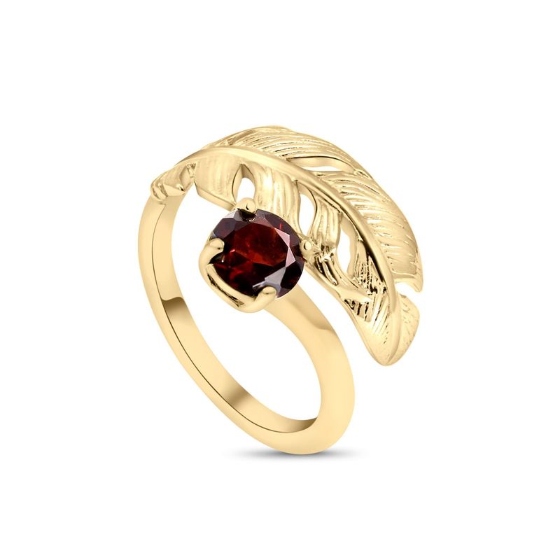 Yellow Gold Plated Feather Adjustable Ring with Red Garnet gemstone