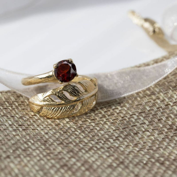 Yellow Gold Plated Feather Adjustable Ring with Red Garnet gemstone