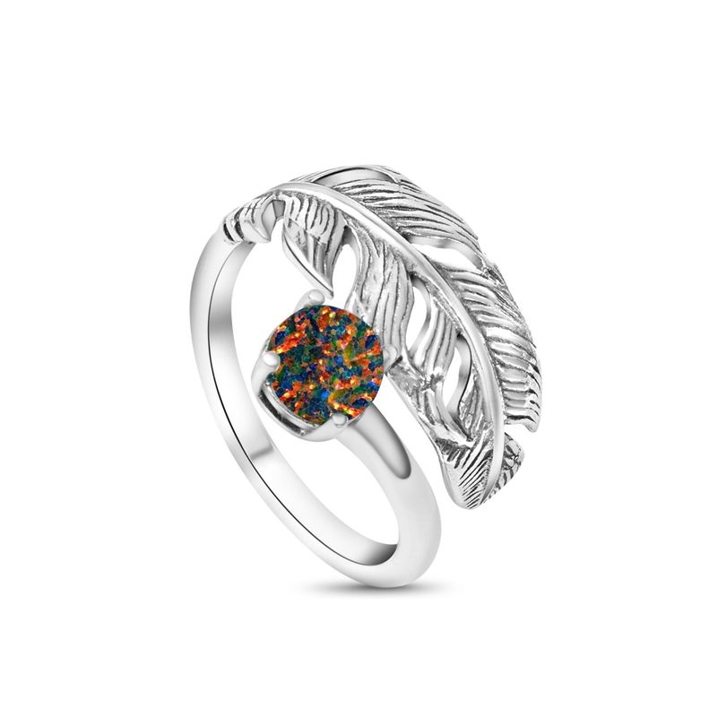 925 Silver Adjustable Feather Ring with Black Opal for Women