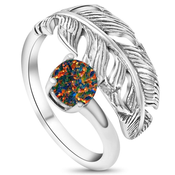 925 Silver Adjustable Feather Ring with Black Opal for Women