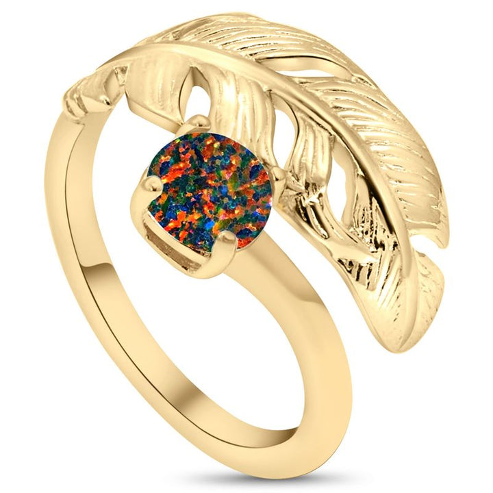 14K Gold Plated Feather Ring with Black Opal on 925 Silver
