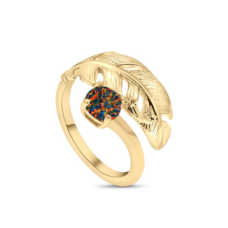 14K Gold Plated Feather Ring with Black Opal on 925 Silver