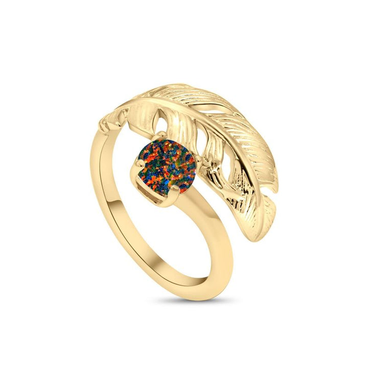 14K Gold Plated Feather Ring with Black Opal on 925 Silver