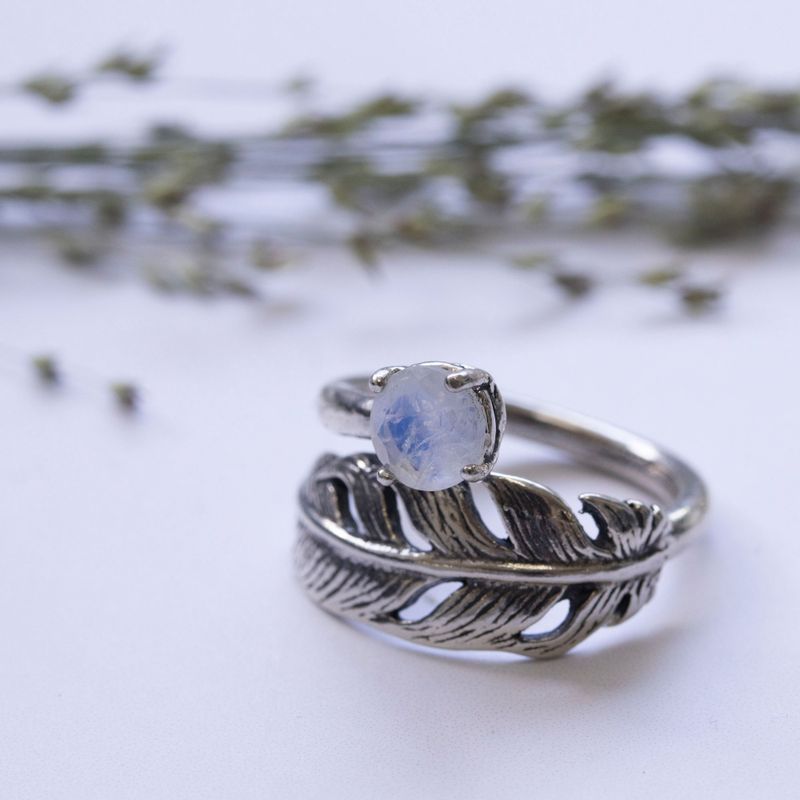 925 Sterling Silver Adjustable Feather Ring For Women with Moonstone Gemstone; Open Ended Spiral Ring; Dainty Feather Sizable Ring Jewelry Wrap and Fit to Every Finger, Handmade Jewelry For Women