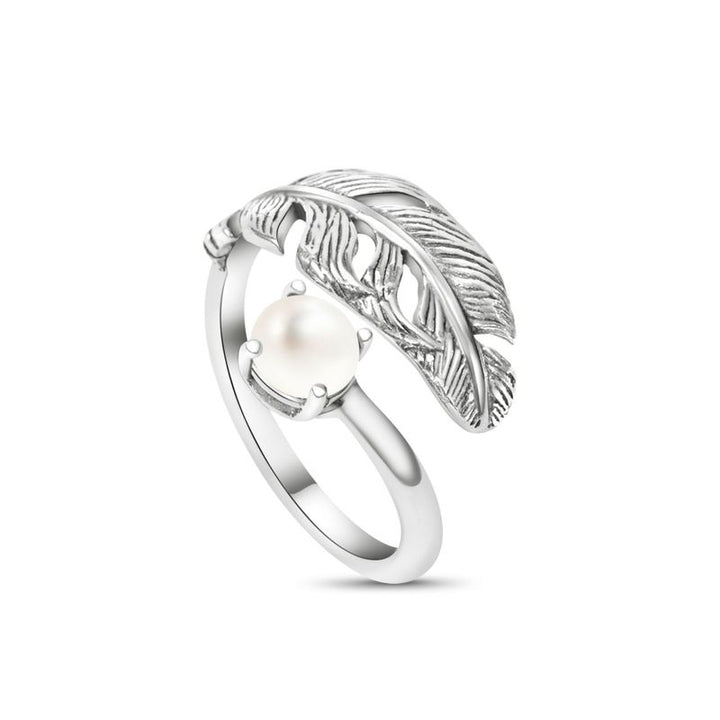 925 Sterling Silver Adjustable Feather Ring For Women with Pearl Gemstone; Open Ended Spiral Ring; Dainty Feather Sizable Ring Jewelry Wrap and Fit to Every Finger, Handmade Jewelry For Women