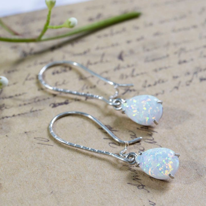 925 Silver White Opal Drop Earrings - October Birthstone, 7X10mm Vintage Gift