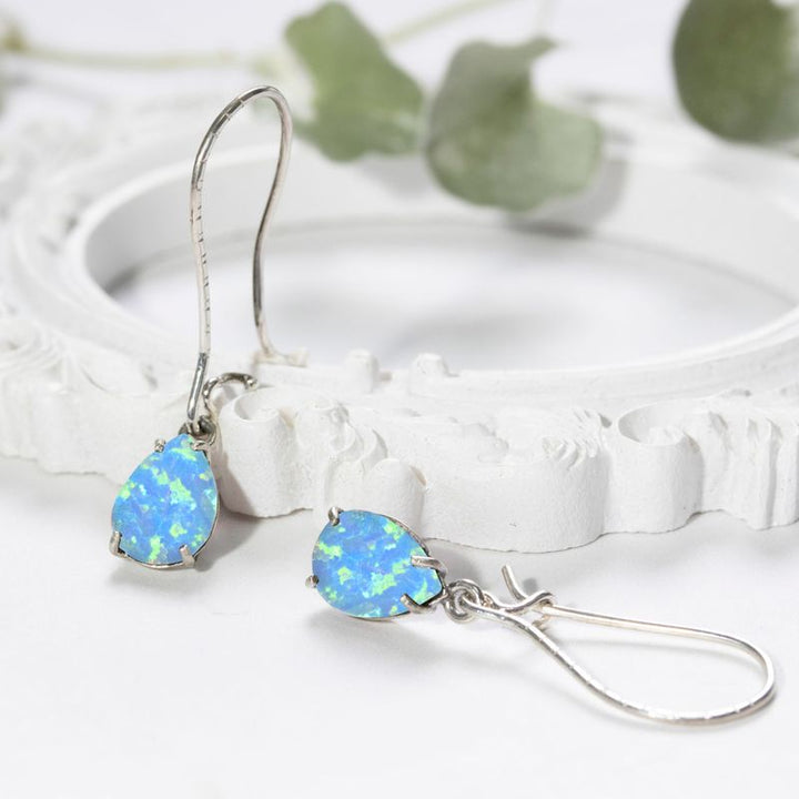 925 Silver Blue Opal Drop Earrings - October Birthstone, 7X10mm Vintage Gift