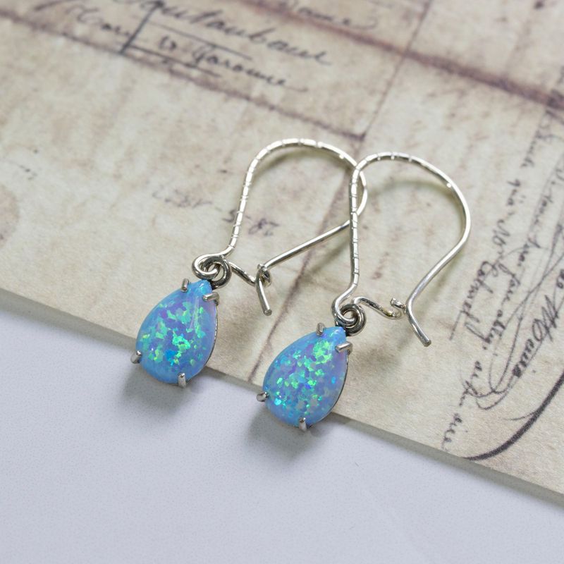 925 Silver Blue Opal Drop Earrings - October Birthstone, 7X10mm Vintage Gift