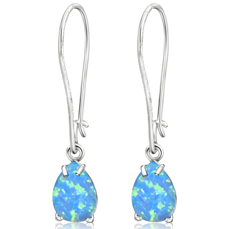 925 Silver Blue Opal Drop Earrings - October Birthstone, 7X10mm Vintage Gift