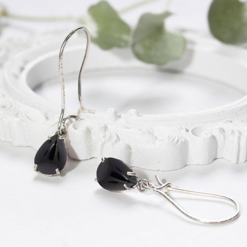 925 Silver Onyx Drop Earrings - July Birthstone, 7X10mm Vintage Gift