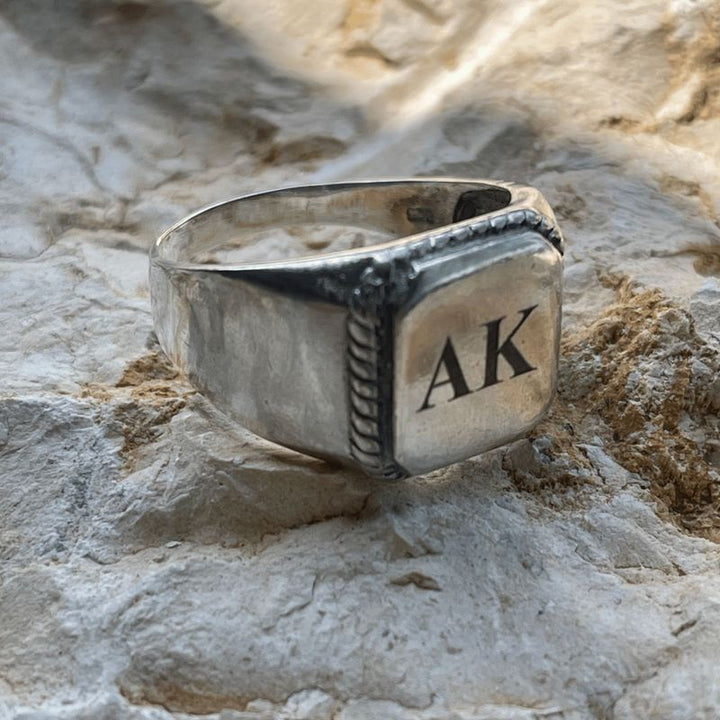 Men's Silver Signet Ring with Swirled Engravings around Square