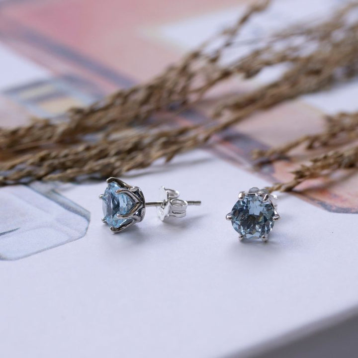 925 Silver Blue Topaz Studs - Handmade 7mm Nov. Birthstone Earrings