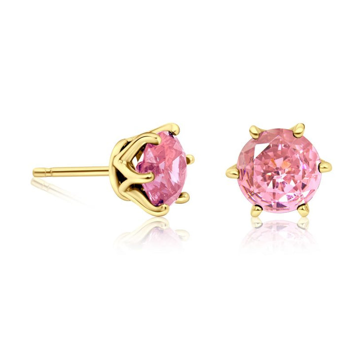 14K Gold Plated Pink CZ Stud Earrings - 7mm December Birthstone