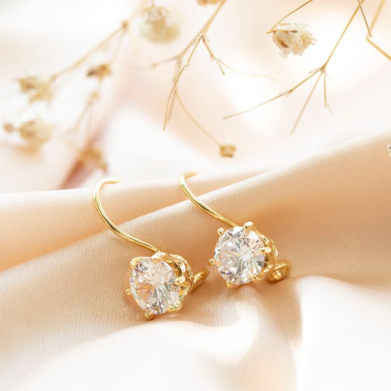 White CZ Drop Earrings for Women - Handmade Gold Plated December Birthstone