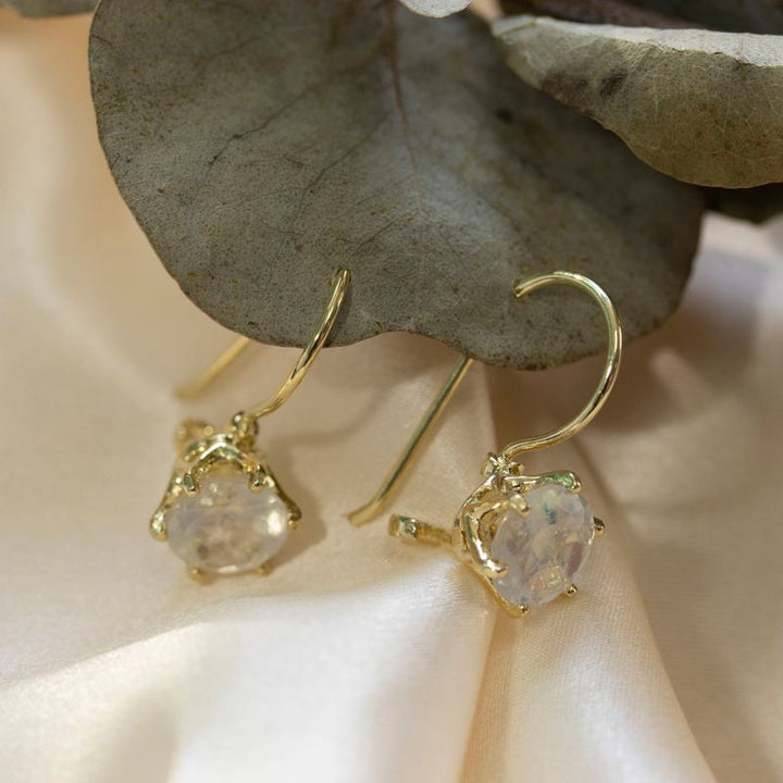 Handmade Yellow Gold Plated Moonstone Drop Earrings for Women-June Birthstone