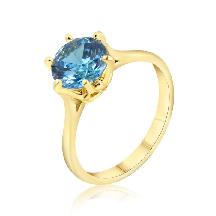 gold plated closed ring with blue cz 8mm facet