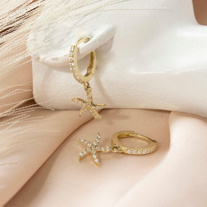 Gold Hoop Earrings Star with Zircons Gems
