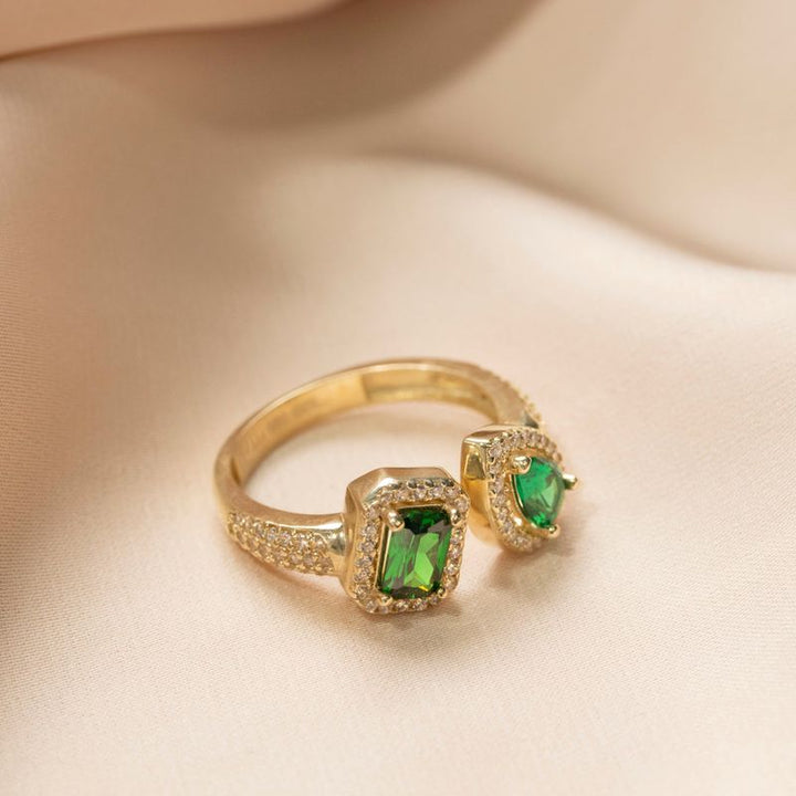 yellow gold open ring white zircons with green drop and rectangular zircon