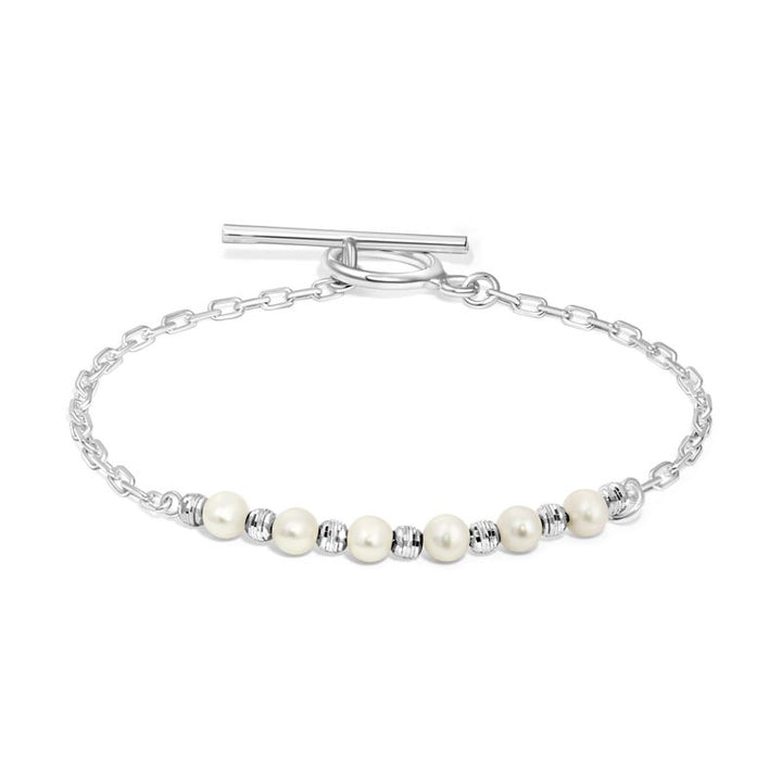 Silver bracelet with separated pearl bead and rough silver beads