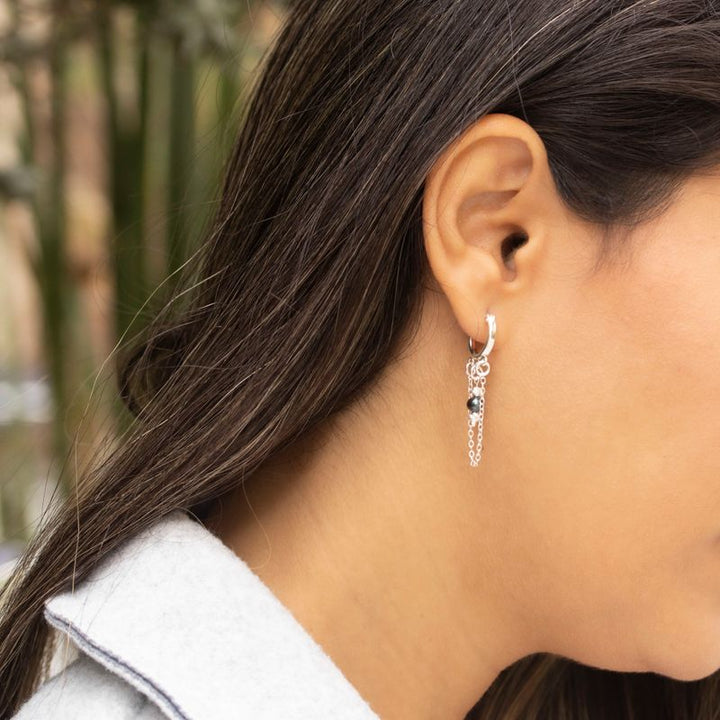 Silver hoop earrings with falling chain and pearl and two silver beads