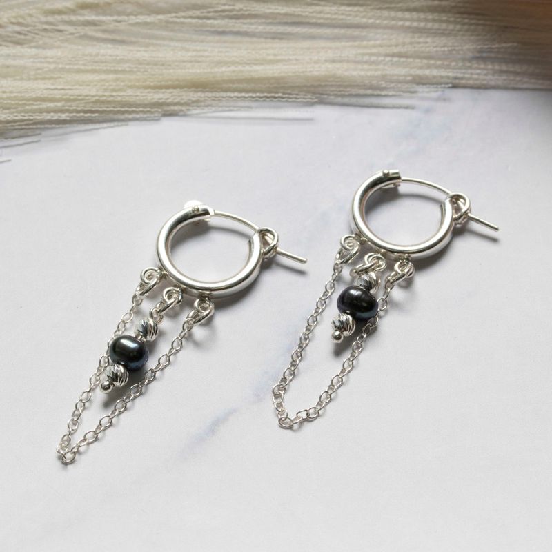 Silver hoop earrings with falling chain and pearl and two silver beads