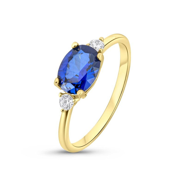 Latted Gold Ring Blue Dark 6x8 and 2 White Zircons