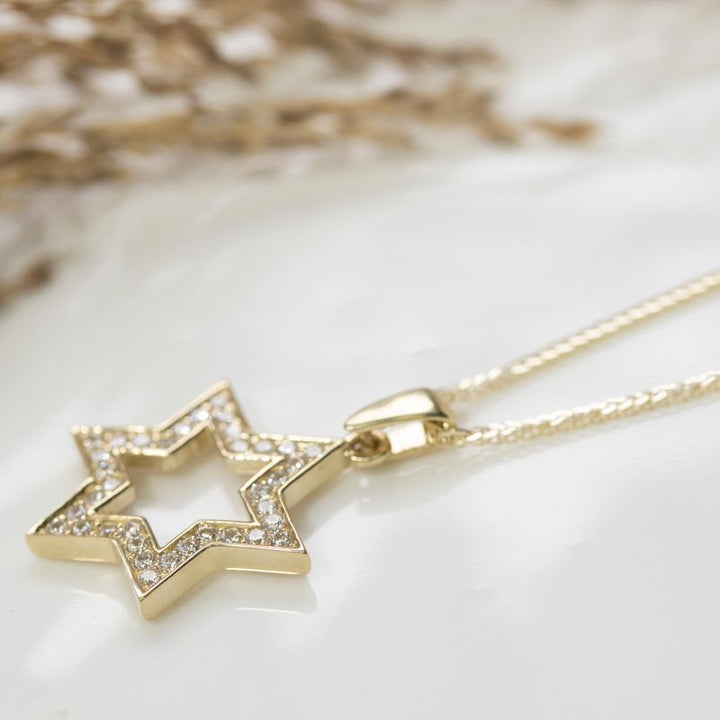 14K Gold Star of David Pendant with Cubic Zirconia