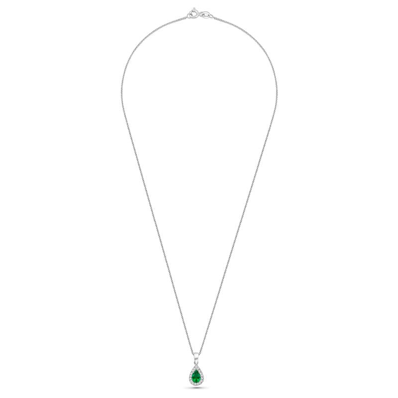 White gold drop necklace with white zircons and a green zircon in the center