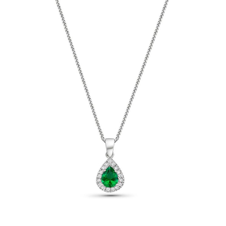 White gold drop necklace with white zircons and a green zircon in the center