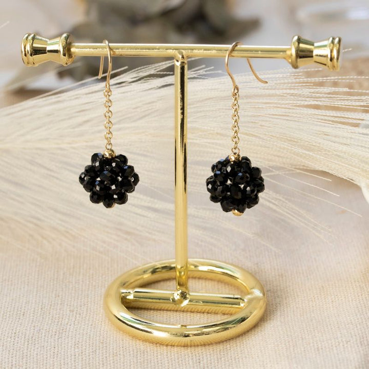 14K Gold Dangling Earrings with Black Beads