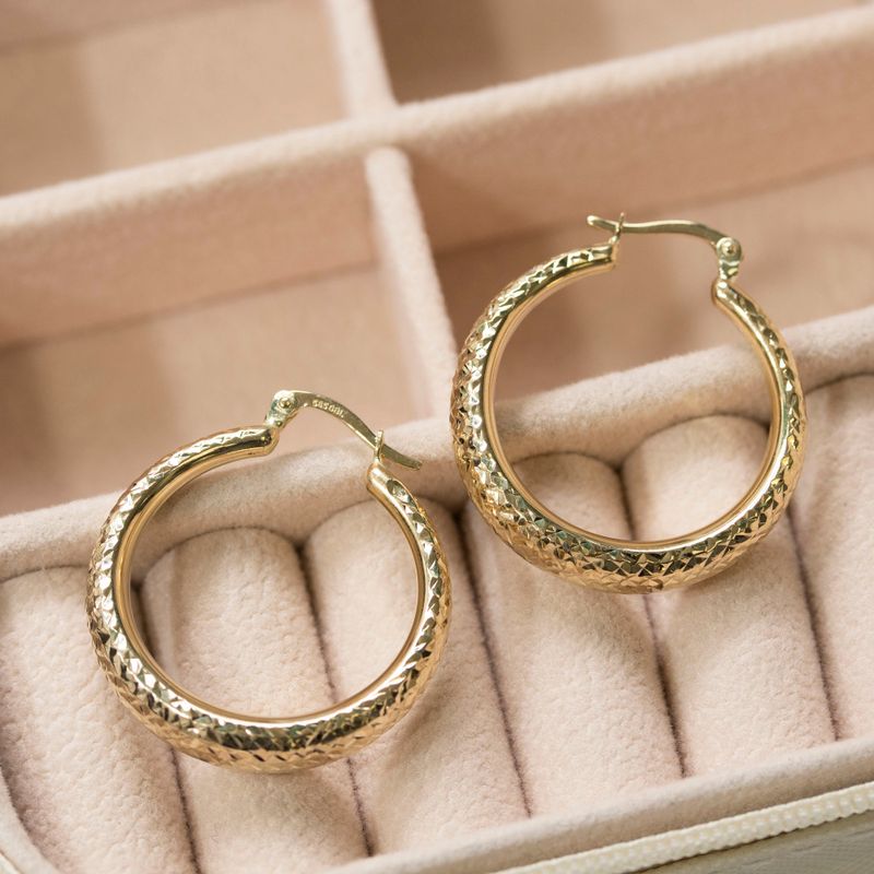14K Gold Textured Hoop Earrings