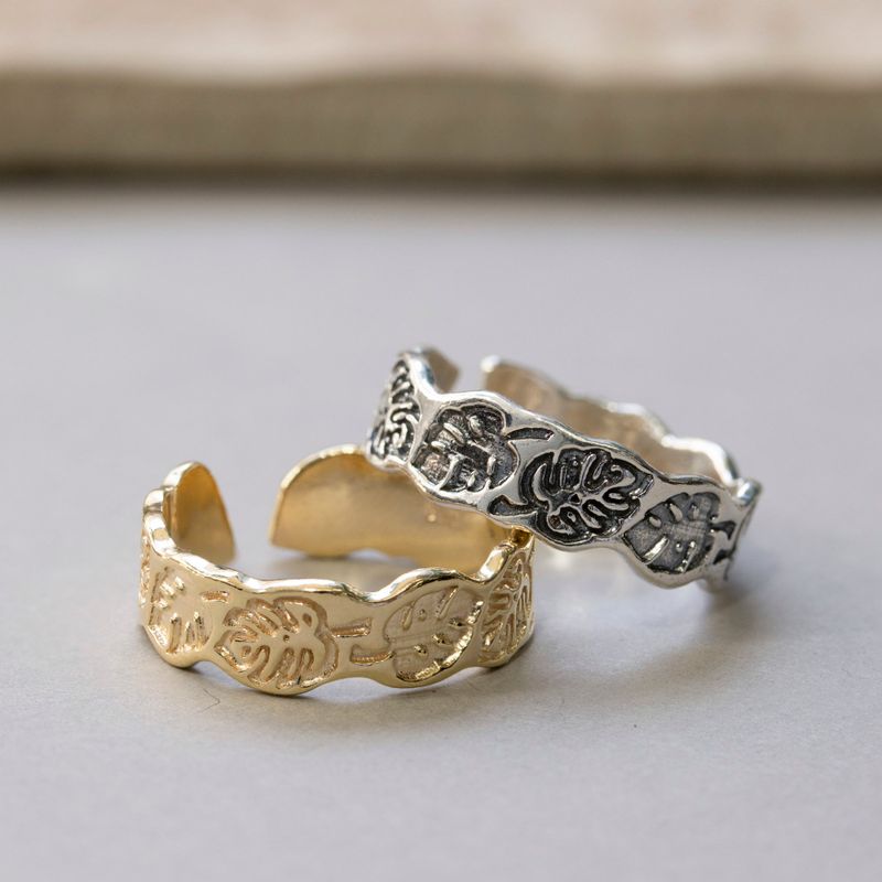 14K Gold Plated Leaf Ring - 925 Silver, Adjustable, Handmade