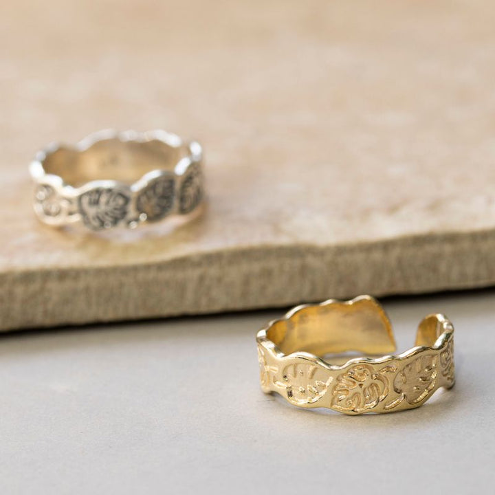 14K Gold Plated Leaf Ring - 925 Silver, Adjustable, Handmade